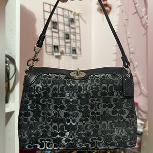 Coach Black Signature Jacquard Shoulder Bag with Silver Hardware